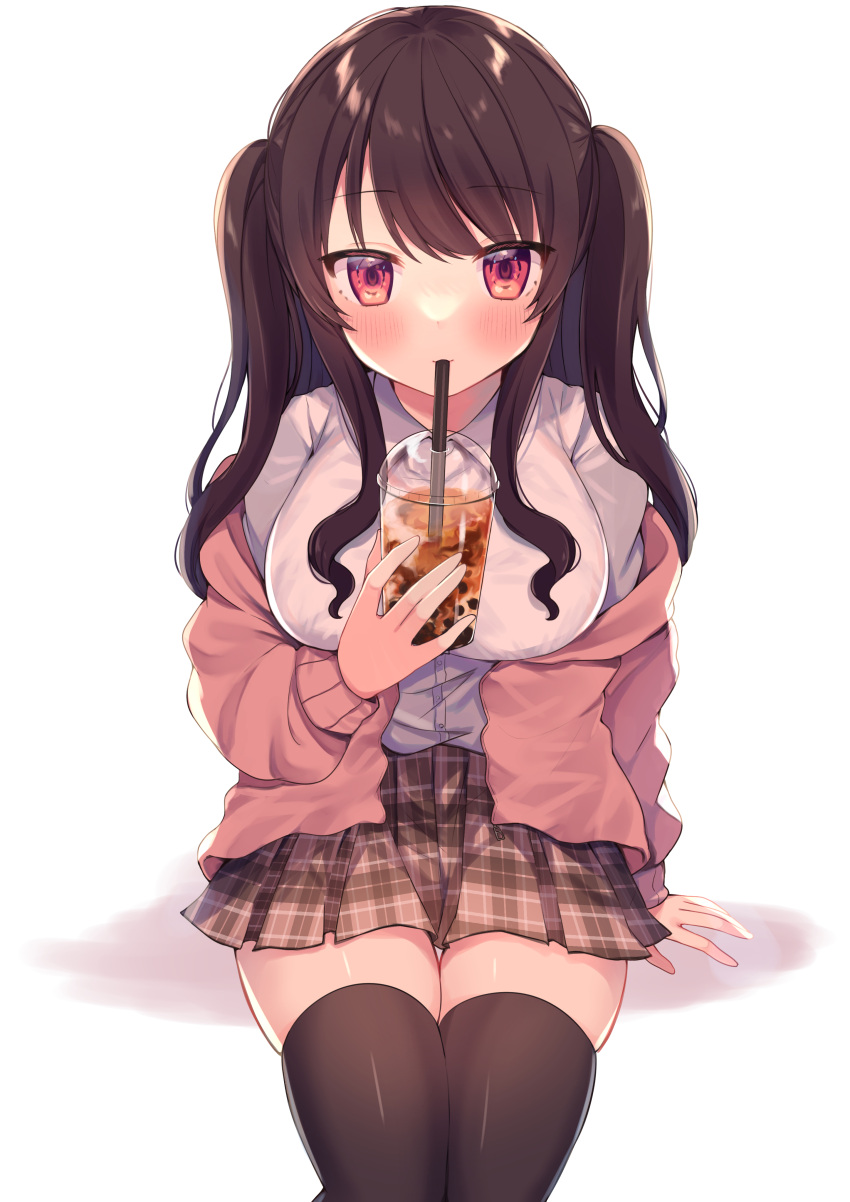 1girl absurdres arm_support bangs black_hair black_legwear breasts brown_cardigan brown_skirt bubble_tea cardigan collared_shirt commentary_request cup disposable_cup dress_shirt drinking_straw eyebrows_visible_through_hair highres holding holding_cup long_hair long_sleeves looking_at_viewer medium_breasts off_shoulder okiq open_cardigan open_clothes original plaid plaid_skirt pleated_skirt red_eyes shirt sitting skindentation skirt sleeves_past_wrists solo thigh-highs two_side_up white_background white_shirt