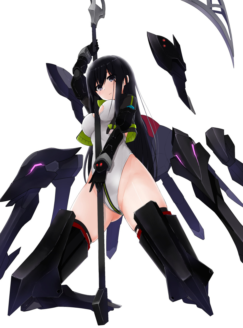 1girl absurdres alice_gear_aegis black_hair floating floating_object highres holding holding_weapon jacket kagari3 kagome_misaki leotard mecha_musume mole scythe simple_background solo violet_eyes weapon white_background