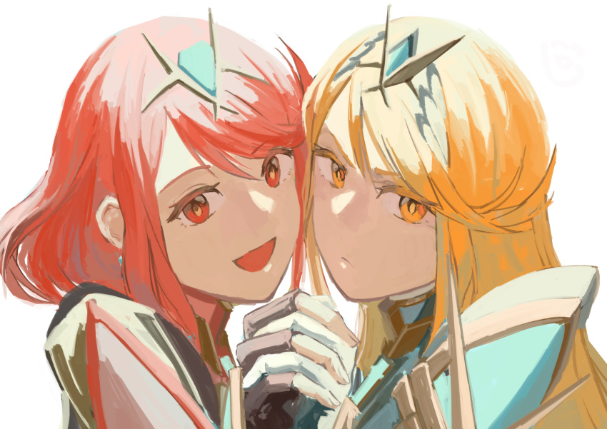 2girls blonde_hair blush breasts mythra_(xenoblade) holding_hands pyra_(xenoblade) long_hair nuka_(pixiv27788352) red_eyes short_hair xenoblade_(series) xenoblade_2