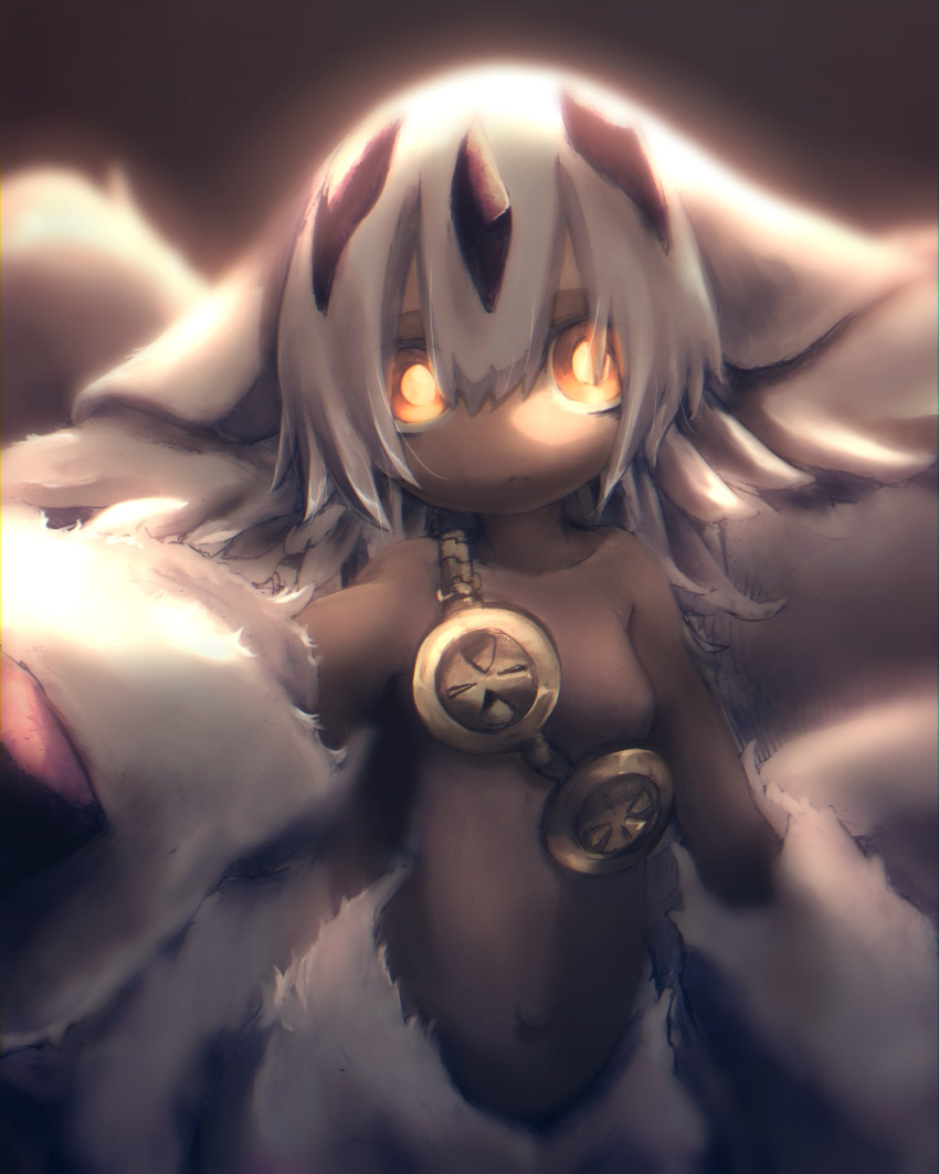 1girl animal_ears arm_at_side bangs breasts dark-skinned_female dark_skin extra_arms faputa glowing glowing_eyes goggles goggles_around_neck hair_between_eyes highres long_hair looking_at_viewer made_in_abyss marudoll monster_girl navel no_nipples nude outstretched_arm reaching_out solo upper_body white_hair yellow_eyes