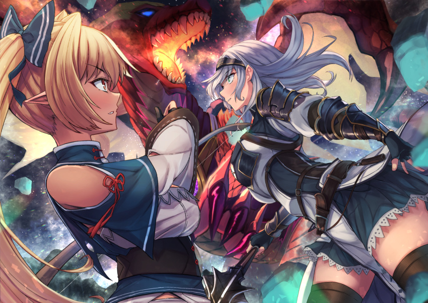 2girls anemone_noa armor bare_shoulders black_gloves black_headband black_legwear blonde_hair bow breasts clothing_cutout commentary_request dark_skin dark-skinned_female dragon fingerless_gloves gloves green_eyes hair_bow headband holding holding_weapon hololive japanese_clothes large_breasts long_hair long_sleeves looking_at_another mace medium_breasts medium_hair multiple_girls parted_lips ponytail red_eyes shiranui_flare shirogane_noel shoulder_cutout silver_hair thigh-highs tiara upper_body virtual_youtuber weapon wide_sleeves zettai_ryouiki