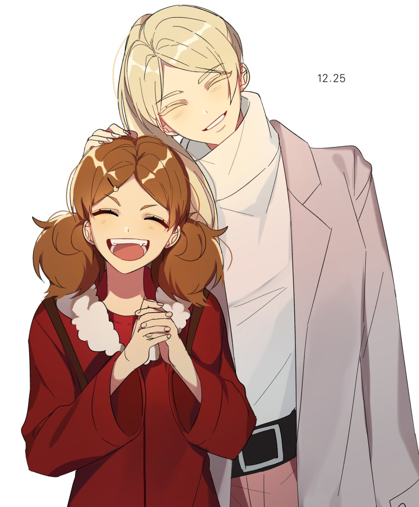 2girls 333333s2 age_difference belt belt_buckle blonde_hair brown_hair buckle coat cowboy_shot dated eyebrows_visible_through_hair eyelashes facing_viewer fur-trimmed_coat fur_trim grin haiba_arisa haikyuu!! hair_ornament hairclip hand_on_another's_head hands_together head_tilt headpat highres interlocked_fingers jacket long_hair long_sleeves multiple_girls own_hands_together pink_jacket ponytail red_coat smile sweater teeth tied_hair tongue turtleneck turtleneck_sweater twintails white_background white_sweater yamamoto_akane