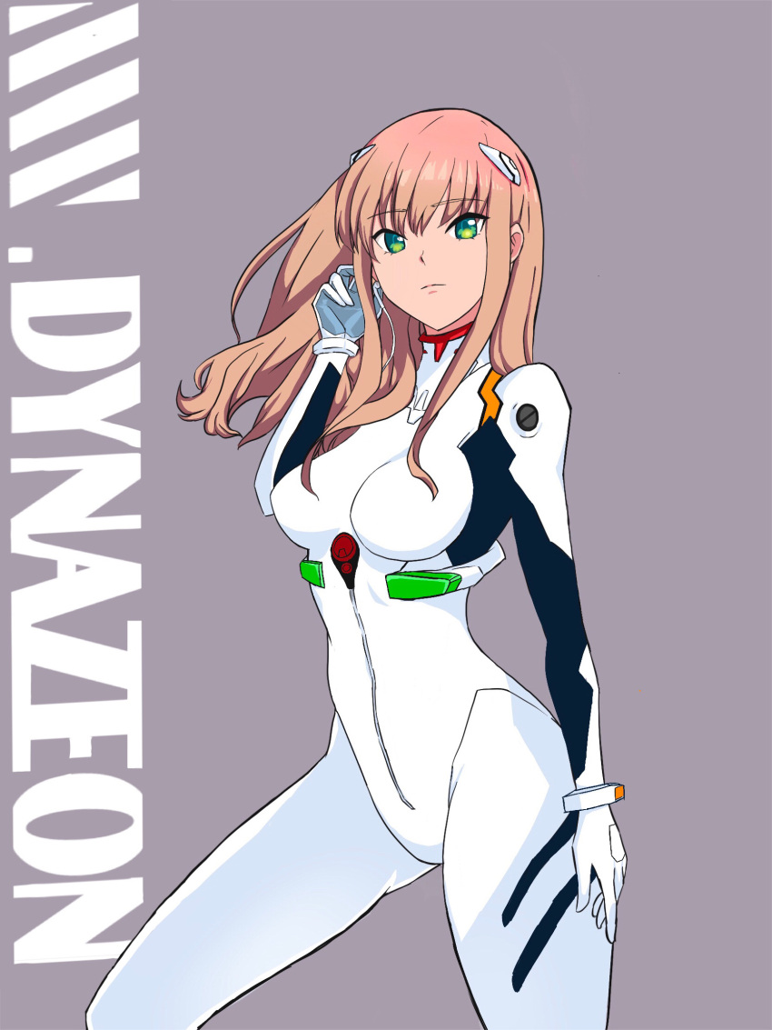 1girl basala5417 breasts cosplay formal green_eyes hair_ornament highres large_breasts light_brown_hair long_hair minami_yume neon_genesis_evangelion plugsuit ssss.dynazenon suit thighs white_suit