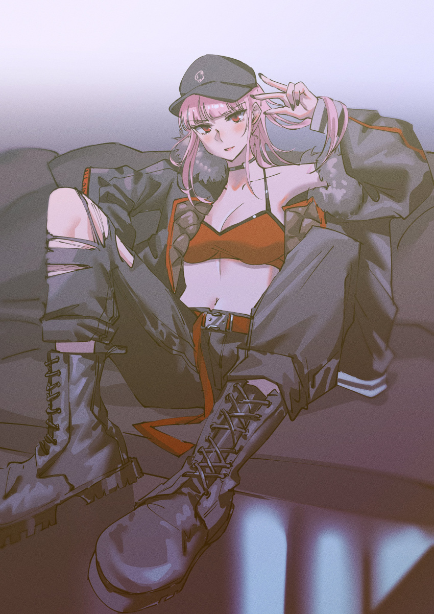 1girl absurdres baseball_cap belt black_choker black_footwear black_headwear black_jacket black_nails boots choker crop_top hat highres hololive hololive_english jacket long_hair looking_at_viewer midriff mori_calliope off_shoulder pink_hair red_eyes set7 solo virtual_youtuber w
