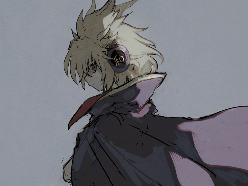 1girl backlighting bangs blonde_hair cape closed_mouth denri earmuffs expressionless from_side gradient gradient_background grey_background hair_between_eyes highres light looking_at_viewer looking_to_the_side messy_hair pointy_hair profile purple_cape short_hair sidelocks sketch solo touhou toyosatomimi_no_miko upper_body yellow_eyes