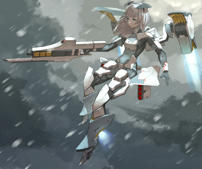 1girl android aqua_eyes armor bayonet bodysuit breasts commentary_request flying gun headgear highres hispol_(04-uma-alpha) holding holding_gun holding_weapon medium_hair missile_pod original rain rifle science_fiction small_breasts solo thrusters weapon white_hair wings