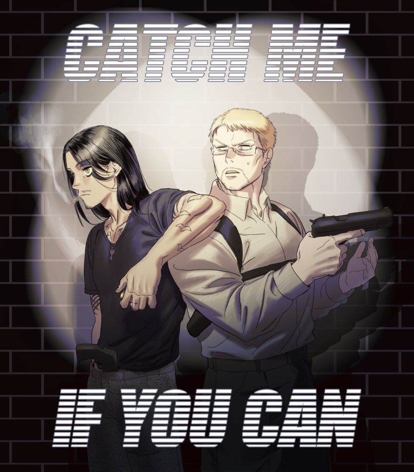 2boys alternate_costume arm_on_shoulder arm_rest black_hair black_shirt blonde_hair brick_wall busungm cigarette collared_shirt commentary_request english_text eren_yeager eyebrows_visible_through_hair eyes_visible_through_hair facial_hair glasses green_eyes gun handgun highres holding holding_gun holding_lighter holding_weapon jewelry key key_necklace korean_commentary lighter long_sleeves looking_at_another male_focus multiple_boys necklace reiner_braun shadow shingeki_no_kyojin shirt short_sleeves smoke smoking spotlight t-shirt tattoo weapon yellow_eyes