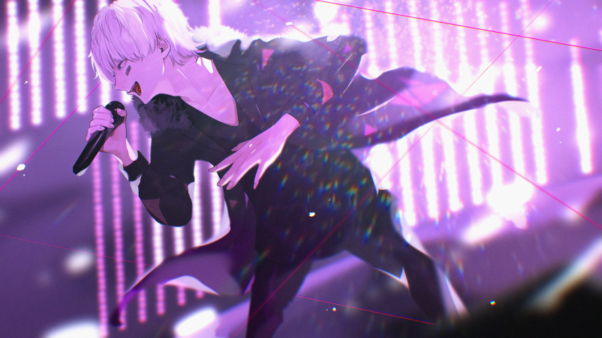 1boy absurdres black_jacket black_pants black_shirt highres holding holding_microphone huge_filesize jacket leaning_forward lens_flare mafumafu male_focus mano_aaa microphone music open_hand open_mouth pants real_life shirt singing smile solo stage utaite_(singer) white_hair