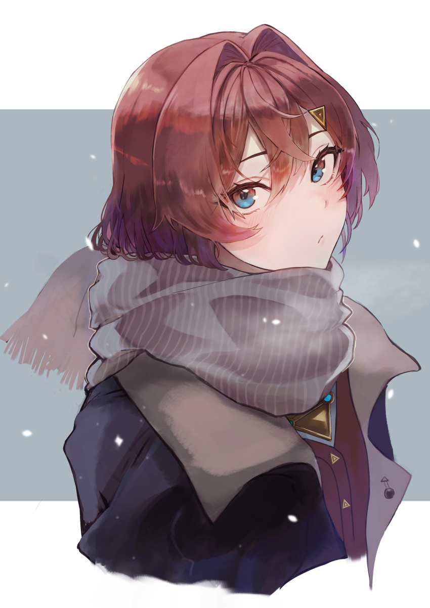 1girl absurdres ange_katrina bangs blue_background blue_eyes blush closed_mouth coat commentary_request grey_scarf hair_between_eyes hair_ornament hairclip highres looking_at_viewer lunateelf nijisanji open_clothes open_coat redhead scarf short_hair simple_background snowing solo striped striped_scarf upper_body virtual_youtuber winter_clothes