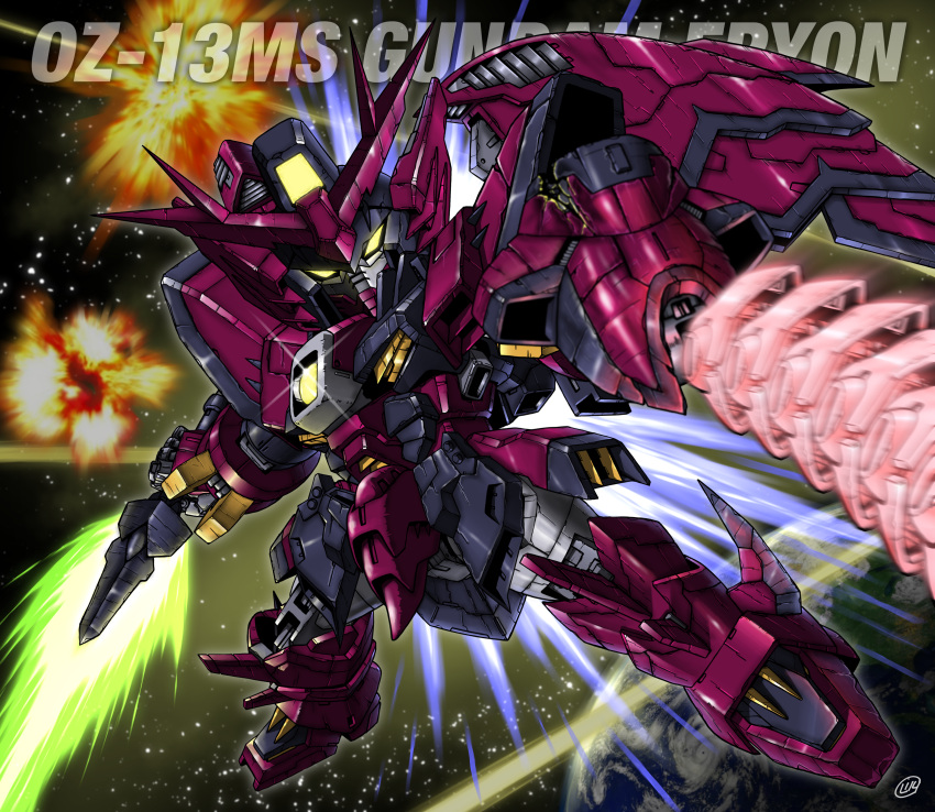 absurdres beam_saber character_name chibi glowing glowing_eyes gundam gundam_epyon gundam_wing highres holding holding_sword holding_weapon mecha mobile_suit no_humans science_fiction solo space sword v-fin weapon yatta070622 yellow_eyes