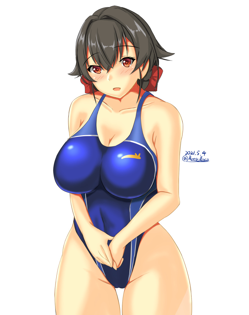 1girl black_hair blue_swimsuit breasts collarbone competition_swimsuit cowboy_shot dated hair_flaps highleg highleg_swimsuit highres impossible_clothes impossible_swimsuit jingei_(kancolle) kantai_collection large_breasts long_hair looking_at_viewer low_ponytail montemasa one-piece_swimsuit red_eyes solo swimsuit twitter_username