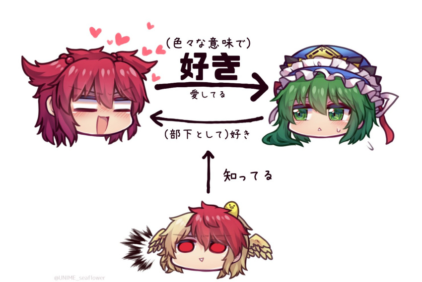 3girls :d =_= animal_on_head arrow_(symbol) asymmetrical_hair bangs bird bird_on_head bird_wings blonde_hair blue_headwear chick eyebrows_visible_through_hair face frilled_hat frills green_eyes green_hair hair_bobbles hair_ornament hat head_wings heart looking_at_another medium_hair multicolored_hair multiple_girls niwatari_kutaka on_head onozuka_komachi open_mouth red_eyes redhead relationship_graph shiki_eiki short_hair simple_background smile sweatdrop touhou translation_request triangle_mouth two-tone_hair two_side_up unime_seaflower v-shaped_eyebrows white_background wings