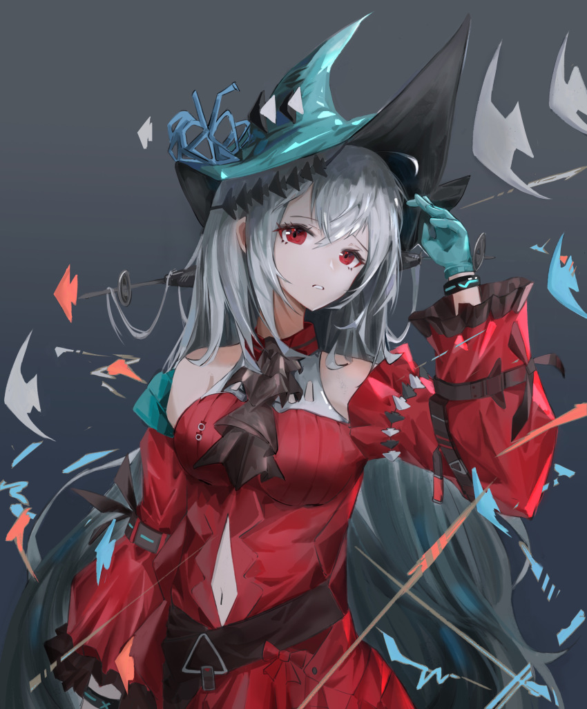 1girl absurdres arknights bare_shoulders blue_gloves blue_headwear chitangbujiayan clothing_cutout commentary dress gloves grey_background hand_up highres navel navel_cutout red_dress red_eyes silver_hair simple_background skadi_(arknights) skadi_the_corrupting_heart_(arknights) solo upper_body