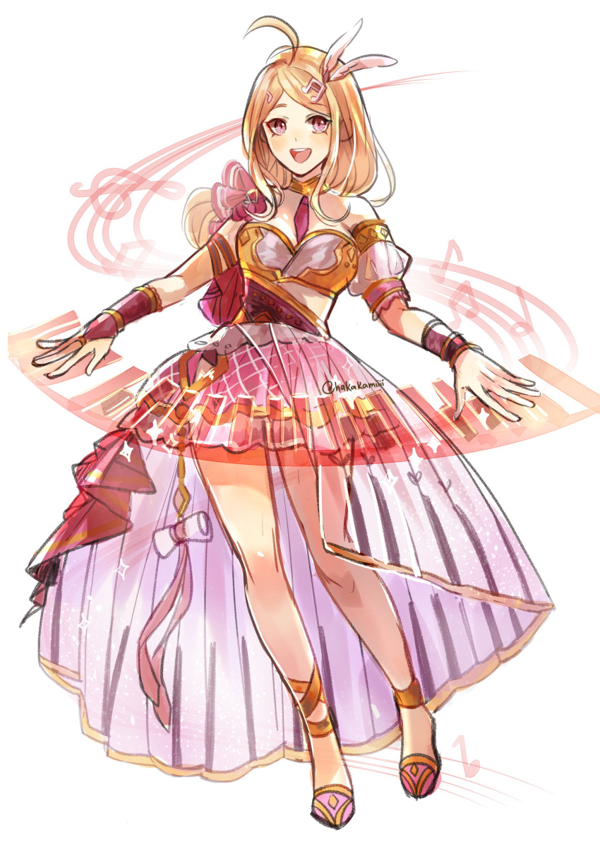 1girl :d absurdres ahoge akamatsu_kaede alternate_costume artist_name bangs bare_shoulders blonde_hair blush bow breasts bridal_gauntlets dangan_ronpa_(series) dangan_ronpa_v3:_killing_harmony detached_sleeves dress english_commentary feather_hair_ornament full_body hair_ornament hakamii highres instrument keyboard_(instrument) long_hair looking_at_viewer musical_note musical_note_hair_ornament necktie open_mouth pink_bow puffy_short_sleeves puffy_sleeves see-through short_sleeves skirt smile solo upper_teeth white_background