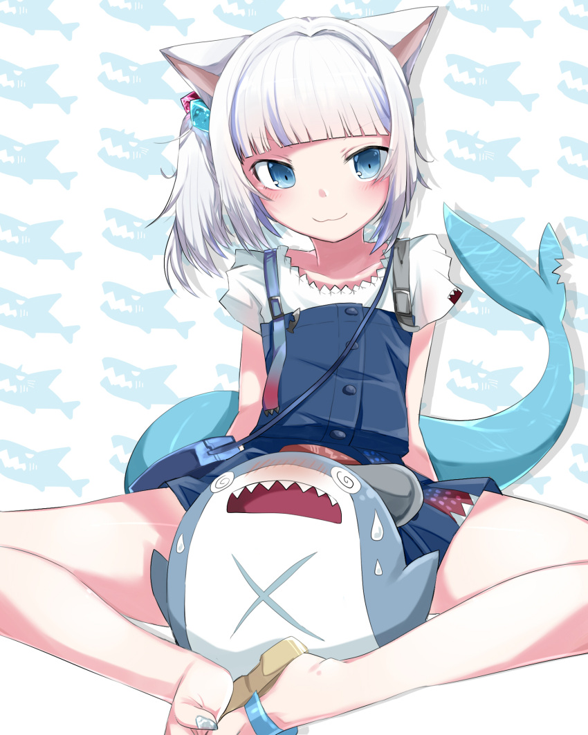 1girl @_@ animal_ears bangs bloop_(gawr_gura) blue_eyes blue_hair blush cat_ears fish_tail gawr_gura highres hololive hololive_english looking_at_viewer mafuri multicolored_hair open_mouth overalls shark_tail sharp_teeth side_ponytail silver_hair smile solo streaked_hair tail teeth virtual_youtuber