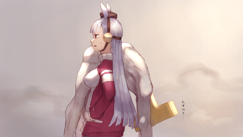 1boy 1girl absurdres animal_ears breasts brown_eyes carrying carrying_over_shoulder gold_ship_(umamusume) hand_on_hip highres holding_person horse_ears horse_girl jacket long_hair medium_breasts open_mouth red_jacket shiburingaru silver_hair sweatdrop trainer_(umamusume) umamusume