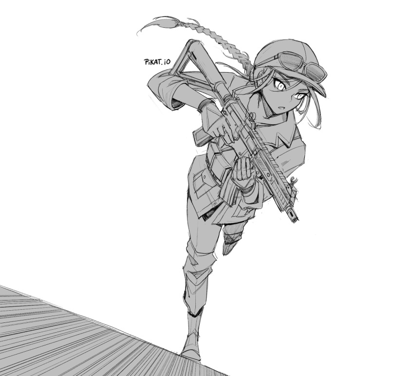1girl artist_name ash_(rainbow_six_siege) baseball_cap boots braid greyscale hair_behind_ear hat highres holding holding_sword holding_weapon jacket long_hair looking_to_the_side monochrome open_mouth pikat rainbow_six_siege running solo sword weapon weapon_request white_background