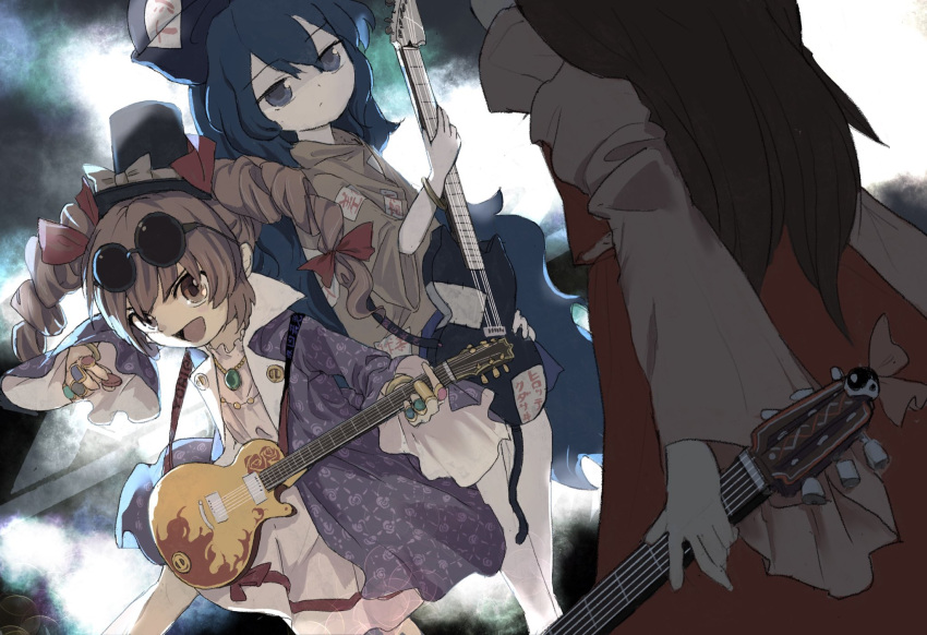 3girls black_headwear blue_eyes blue_hair bow cat_tail commentary_request detached_sleeves drill_hair electric_guitar eyewear_on_head fake_tail flame_print guitar hakurei_reimu hat hat_bow highres holding holding_instrument instrument jewelry long_hair long_sleeves looking_at_another multiple_girls orange_eyes orange_hair ring siblings sisters sunglasses tail touhou twin_drills very_long_hair white_bow yamame_jinja yorigami_jo'on yorigami_shion