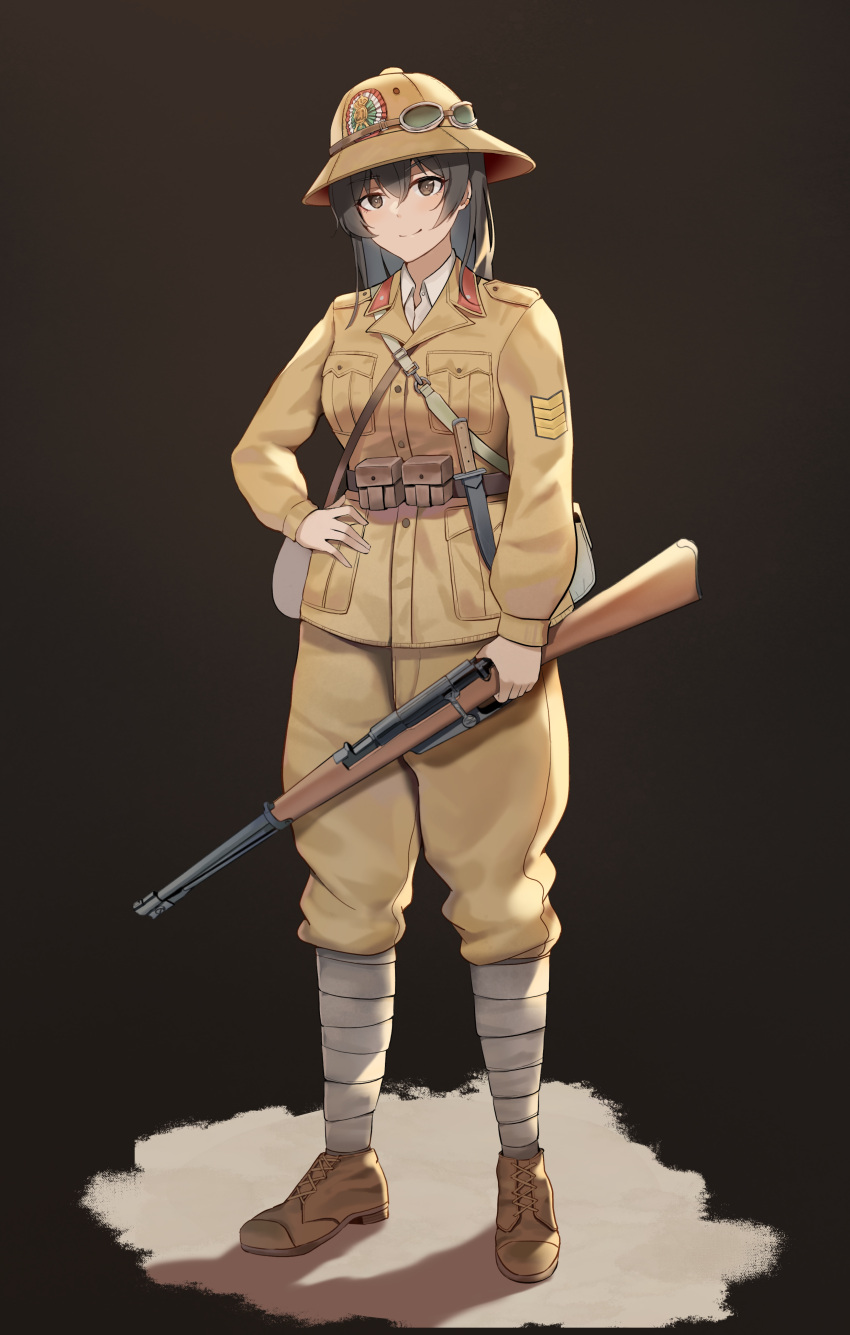 1girl absurdres black_hair bolt_action commentary english_commentary full_body goggles goggles_on_headwear gun hand_on_hip helmet highres holding holding_gun holding_weapon italy long_hair military military_uniform original pith_helmet puttee rifle simple_background solo unicron_(brous) uniform weapon weapon_request world_war_ii