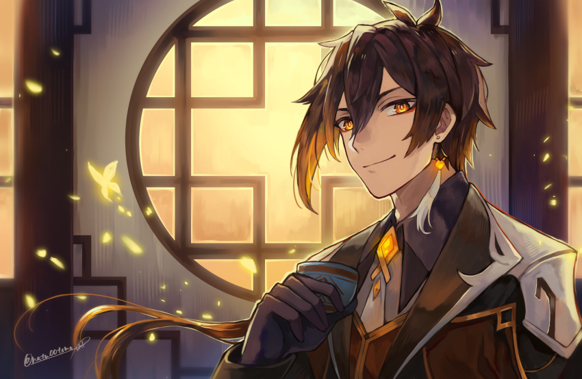 1boy bangs black_gloves brown_hair bug butterfly closed_mouth collared_shirt commentary_request cup earrings eyeliner eyeshadow formal genshin_impact gloves glowing gradient_hair hair_between_eyes highres holding holding_cup insect jacket jewelry light_particles long_hair long_sleeves makeup male_focus multicolored_hair natsutomoki necktie orange_hair ponytail red_eyeshadow shirt single_earring smile solo suit tassel tassel_earrings teacup window yellow_eyes zhongli_(genshin_impact)