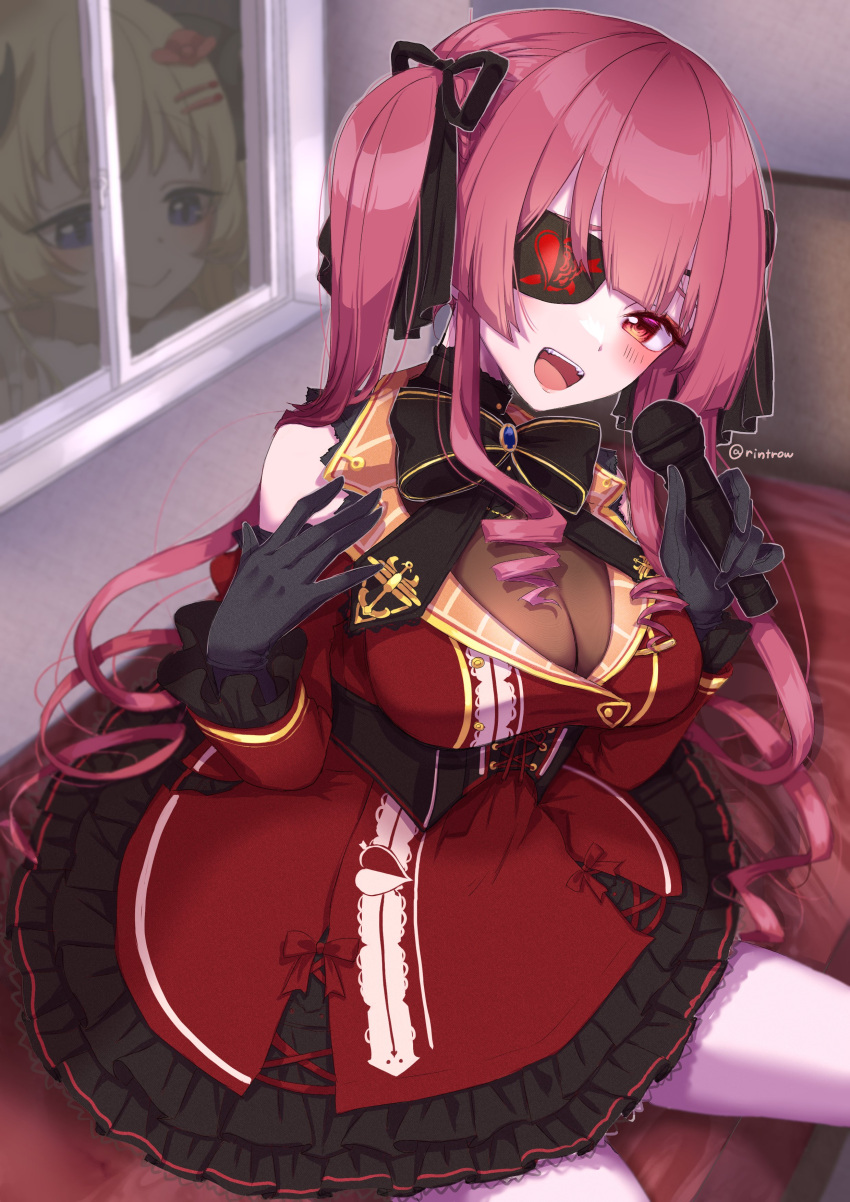 1girl absurdres bangs black_eyepatch blush breasts eyebrows_visible_through_hair hair_ribbon highres hololive houshou_marine large_breasts looking_at_viewer microphone open_mouth red_eyes redhead ribbon smile solo tsunomaki_watame twintails virtual_youtuber