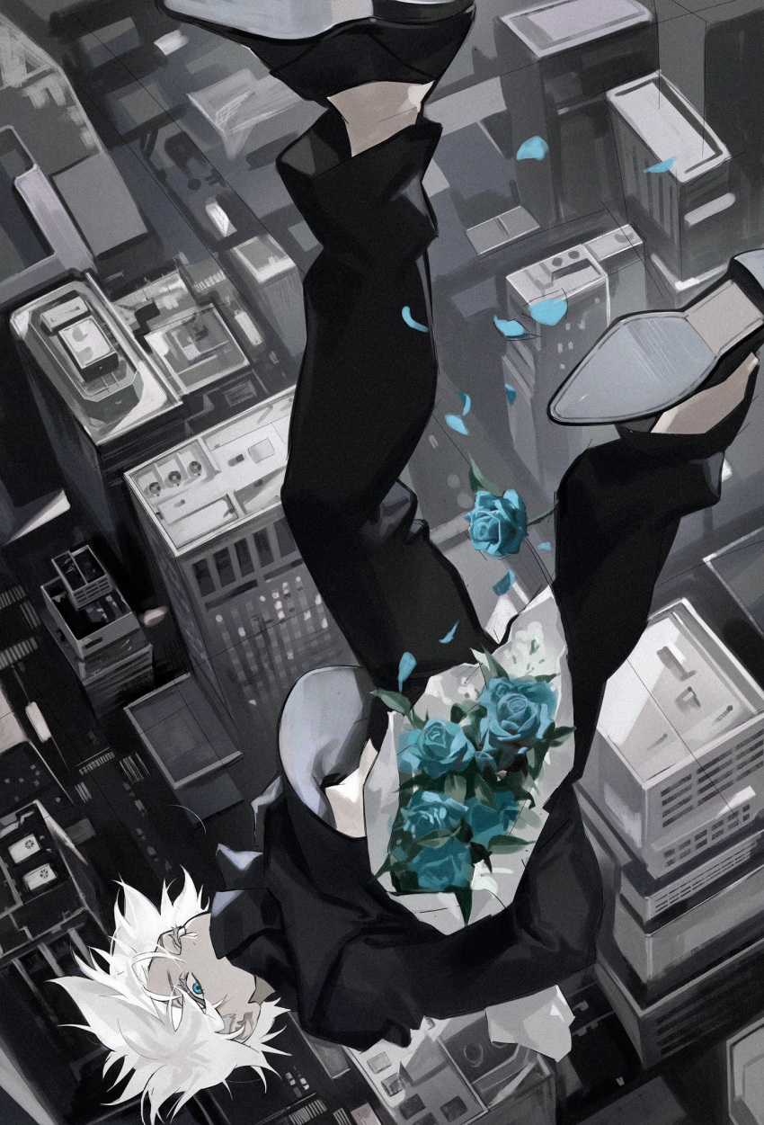 1boy black_pants black_shirt blue_flower blue_rose bouquet building city cityscape covered_mouth floating flower from_above full_body gojou_satoru high_collar highres holding holding_bouquet jujutsu_kaisen keki_chogyegi long_sleeves looking_at_viewer male_focus messy_hair oxfords pants petals rose scenery shirt short_hair solo upside-down white_hair wind