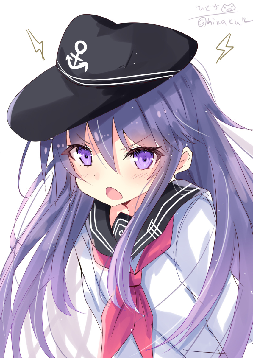 1girl akatsuki_(kancolle) anchor_symbol black_headwear black_sailor_collar blush eyebrows_visible_through_hair hair_between_eyes highres hizaka kantai_collection long_hair long_sleeves neckerchief open_mouth purple_hair red_neckwear sailor_collar school_uniform serafuku signature simple_background solo twitter_username upper_body violet_eyes white_background