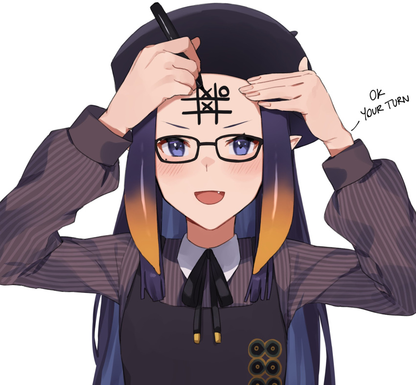 1girl beret blue_eyes blush body_writing fang forehead glasses hat highres hololive hololive_english kamu_(kamuuei) long_hair long_sleeves looking_at_viewer marker mole mole_under_eye ninomae_ina'nis official_alternate_costume open_mouth pointy_ears purple_hair simple_background solo tentacle_hair tic-tac-toe upper_body virtual_youtuber white_background