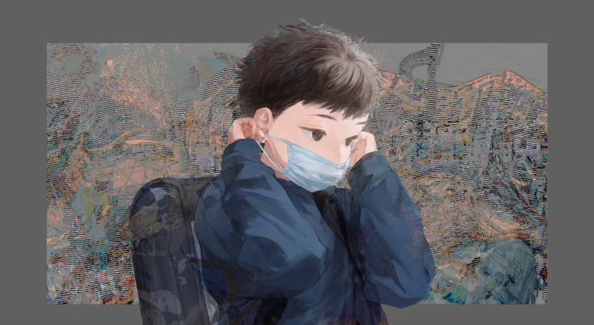 1boy abstract_background absurdres backpack bag black_hair blue_shirt border brown_eyes grey_border hands_up highres long_sleeves muraichi original shirt short_hair solo