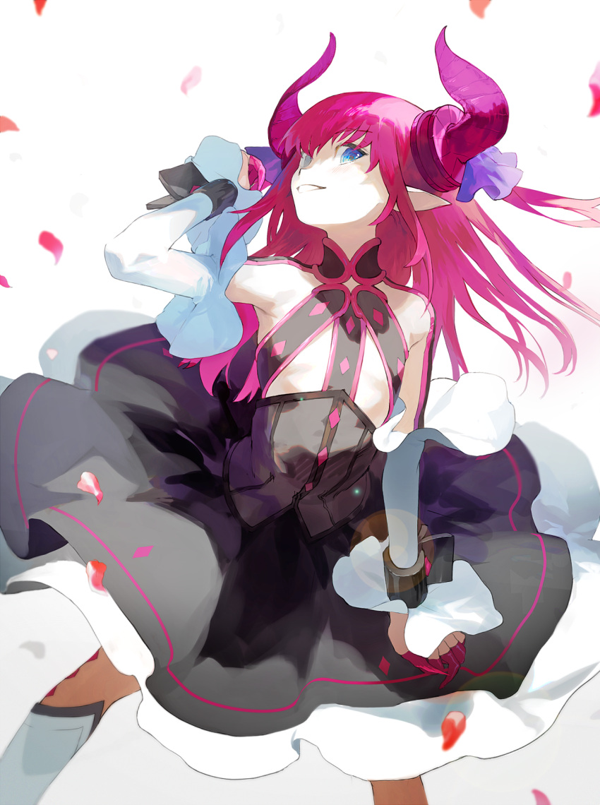 1girl black_dress blue_eyes dress elizabeth_bathory_(fate) elizabeth_bathory_(fate)_(all) fate/extra fate/extra_ccc fate/grand_order fate_(series) hand_up highres horns long_hair looking_at_viewer muraichi parted_lips pointy_ears purple_hair purple_horns smile solo