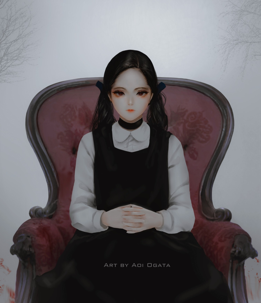 1girl aoi_ogata armchair artist_name black_choker black_dress black_hair chair choker closed_mouth collared_shirt commentary dress dress_shirt english_commentary forehead grey_background hands_together highres interlocked_fingers long_hair looking_at_viewer on_chair original own_hands_together red_eyes red_lips shirt sitting sleeveless sleeveless_dress solo twintails white_shirt