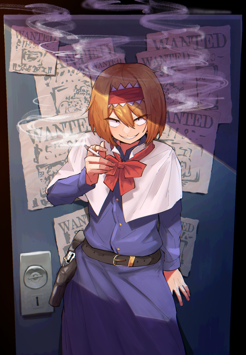 1girl alice_margatroid belt black_belt black_eyes blonde_hair blue_dress bow bowtie buttons capelet cigarette collared_capelet commentary_request constricted_pupils cookie_(touhou) cowboy_shot door dress fingernails flat_chest frilled_hairband frills grin gun hair_between_eyes hairband handgun highres holding holding_cigarette holstered jewelry long_bangs long_sleeves looking_at_viewer odoro_(nicoseiga81184094) poster_(object) red_bow red_bowtie red_hairband ring short_hair smile smoke solo taisa_(cookie) touhou wanted weapon white_capelet