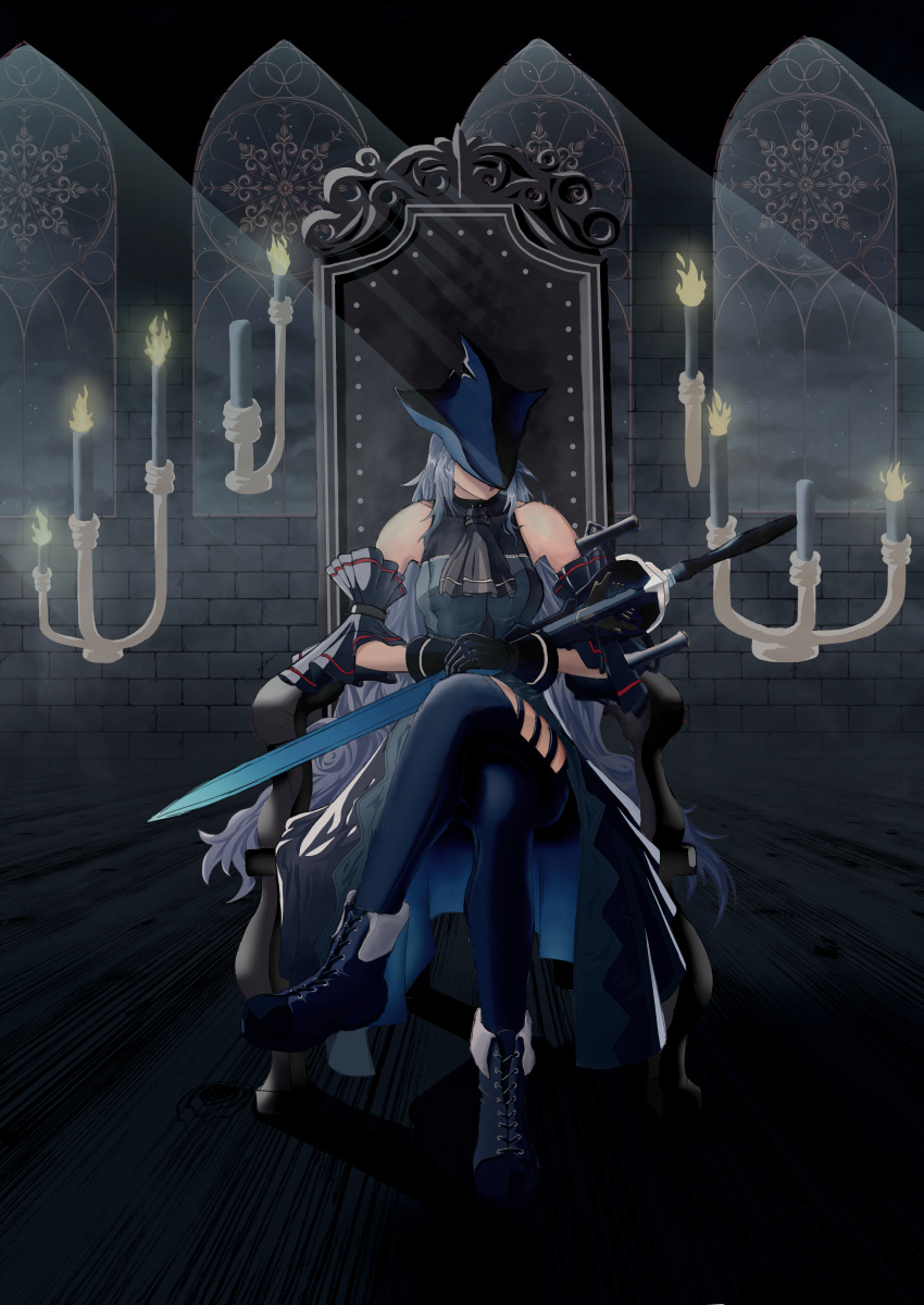 1girl :o absurdres arknights arm_cuffs ascot black_capelet black_footwear black_gloves black_headwear black_neckwear black_pants bloodborne boots breasts candle capelet chinese_commentary clothing_cutout commentary_request cross-laced_footwear crossed_legs eyebrows_visible_through_hair gloves grey_shirt hair_between_eyes hat highres huge_filesize imunknown indoors jewelry lace-up_boots lady_maria_of_the_astral_clocktower long_hair medium_breasts night pants shirt silver_hair sitting skadi_(arknights) solo thigh_cutout thigh_strap window