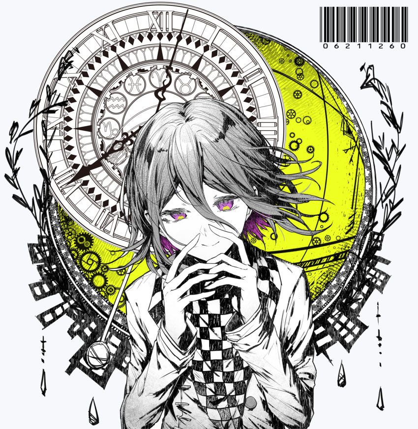 1boy bangs barcode checkered checkered_neckwear checkered_scarf clock clockwork commentary_request dangan_ronpa_(series) dangan_ronpa_v3:_killing_harmony goto_(sep) hair_between_eyes hands_up highres limited_palette long_sleeves looking_at_viewer male_focus number ouma_kokichi purple_hair roman_numeral scarf short_hair smile solo spot_color upper_body violet_eyes