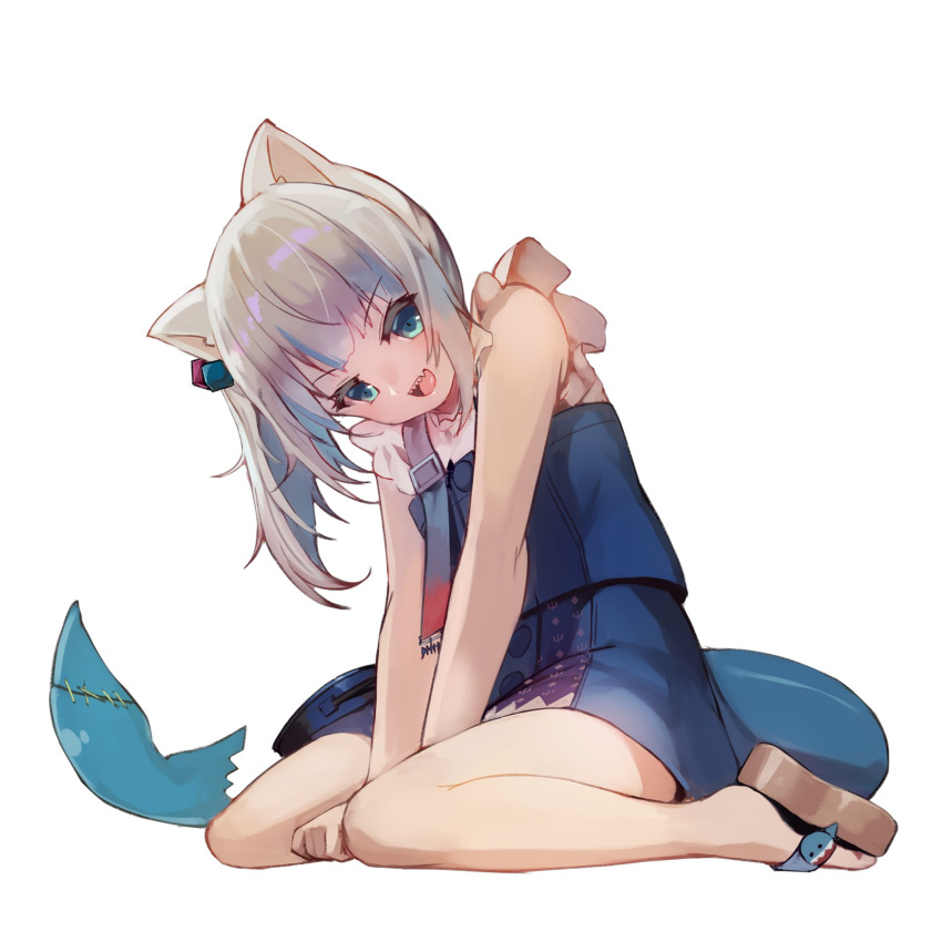 1girl animal_ears bangs blue_eyes blue_hair cat_ears fish_tail gawr_gura highres hololive hololive_english looking_at_viewer multicolored_hair open_mouth overalls shark_tail sharp_teeth side_ponytail silver_hair smile solo streaked_hair sue_(bg-bros) tail teeth virtual_youtuber