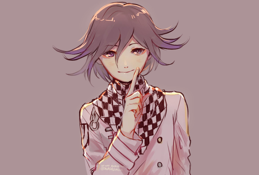 1boy bangs blush brown_background checkered checkered_scarf dangan_ronpa_(series) dangan_ronpa_v3:_killing_harmony english_commentary flipped_hair hair_between_eyes hakamii hand_up highres index_finger_raised jacket long_sleeves looking_at_viewer male_focus multicolored_hair ouma_kokichi purple_hair repost_notice scarf shiny shiny_hair simple_background smile solo two-tone_hair upper_body white_jacket