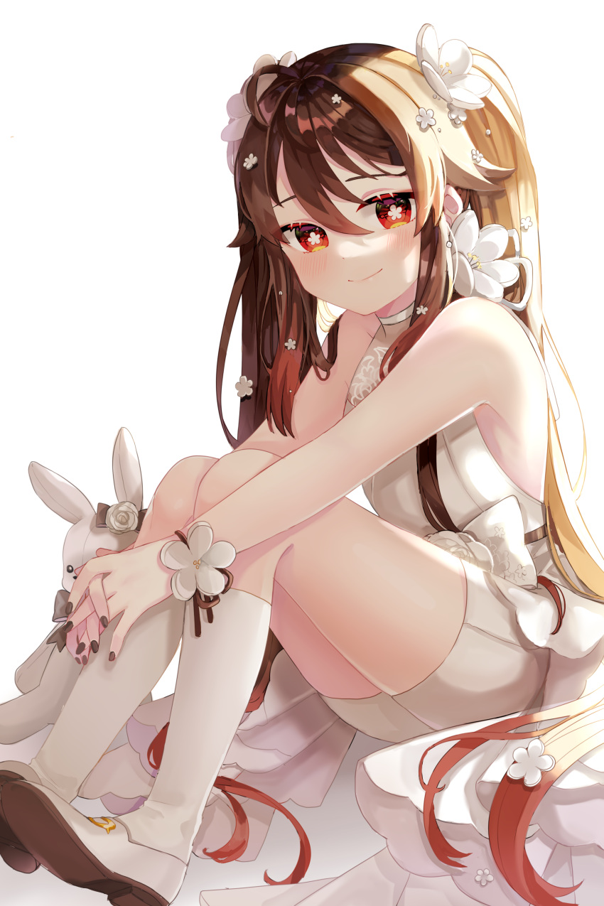 1girl absurdres bangs bare_shoulders black_nails blush brown_hair commentary dress fingernails flower flower-shaped_pupils full_body genshin_impact hair_between_eyes hair_flower hair_ornament halter_dress halterneck highres hu_tao kneehighs knees_up long_hair looking_at_viewer miyako_draw nail_polish own_hands_together red_eyes shoes sitting sleeveless sleeveless_dress smile solo stuffed_animal stuffed_bunny stuffed_toy twintails very_long_hair white_background white_dress white_flower white_footwear white_legwear wristband