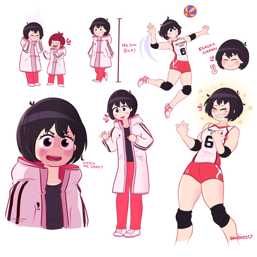 &gt;_&lt; 2girls amanai_kanoka artist_name ball bare_shoulders black_hair black_shirt blush bob_cut breasts character_name elbow_pads english_commentary english_text haikyuu!! hand_up height_chart highres jacket jumping knee_pads long_sleeves medium_breasts multiple_girls multiple_views open_mouth pants radicalseabies red_shorts shirt shoes short_hair shorts sneakers sportswear teeth track_jacket track_pants v volleyball volleyball_uniform waving yonezawa_maiko