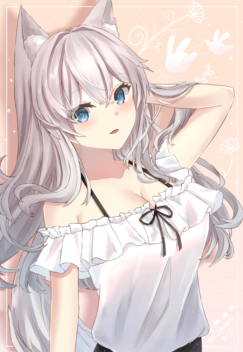 1girl :d absurdres animal_ear_fluff animal_ears aoki_chiaki bare_shoulders blue_eyes breasts fang fox_ears fox_girl fox_tail hand_in_hair highres large_breasts light_brown_background long_hair off-shoulder_shirt off_shoulder open_mouth original shirt silver_hair simple_background smile tail white_shirt