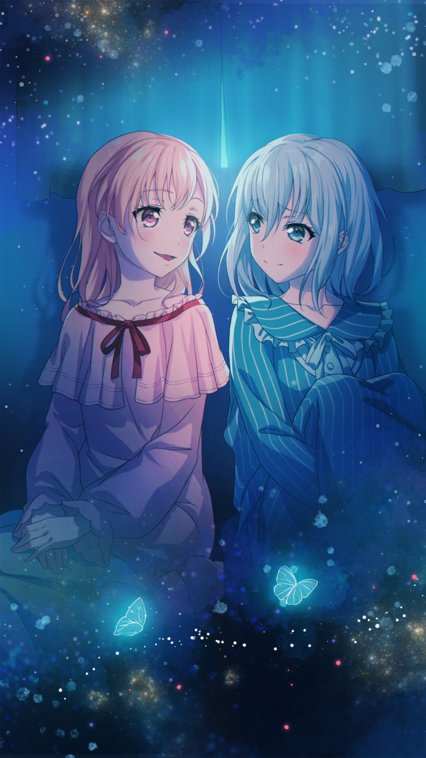 2girls absurdres bang_dream! bangs barefoot blue_eyes blue_pajamas blue_ribbon bug butterfly buttons closed_mouth collarbone commentary curtains dress eye_contact eyebrows_visible_through_hair frilled_dress frilled_shirt_collar frills hair_between_eyes hair_down hands_on_lap highres hiromachi_nanami indoors insect knees_up kurata_mashiro leg_up light_blush light_particles long_hair long_sleeves looking_at_another looking_to_the_side medium_hair multiple_girls neck_ribbon night nightgown nobusawa_osamu on_floor own_hands_together pajamas parted_lips pink_dress pink_eyes pink_hair red_ribbon ribbon shadow shiny shiny_hair side-by-side silver_hair sitting smile striped striped_pajamas wariza