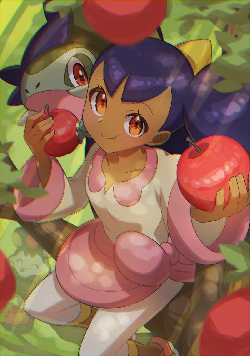 1girl :t absurdres apple arm_up axew bangs bitten_apple blurry blush closed_mouth collarbone commentary_request dark_skin dark-skinned_female emolga eyelashes food fruit gen_5_pokemon hand_up highres holding holding_food holding_fruit incoming_food iris_(pokemon) leggings long_hair looking_at_viewer pokemon pokemon_(anime) pokemon_(creature) pokemon_bw_(anime) purple_hair sitting smile taisa_(lovemokunae) tied_hair tree_branch