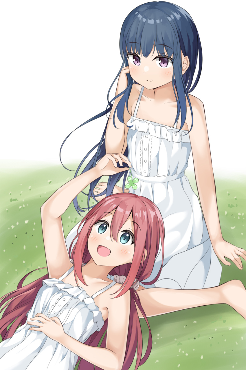 2girls bangs barefoot blue_eyes blue_hair child closed_mouth clover dress eyebrows_visible_through_hair eyes_visible_through_hair grass hair_down hair_ornament hand_in_hair hand_on_own_stomach hands_on_ground highres holding kagamihara_nadeshiko keito4f light_blush lying multiple_girls on_back open_mouth pink_hair shima_rin sitting sitting_on_lap sitting_on_person smile twintails violet_eyes white_dress younger yurucamp