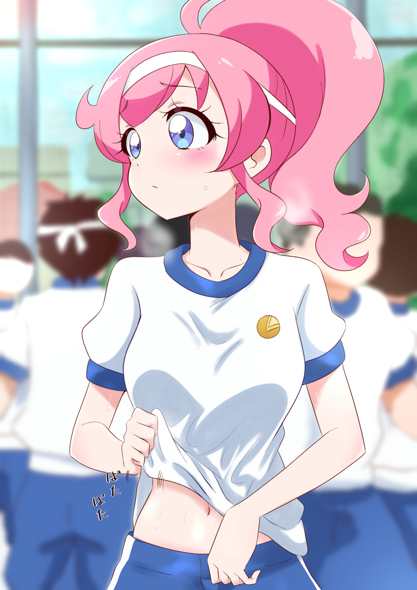 1girl 6+boys absurdres blue_collar blue_shorts blue_sleeves blurry blurry_background blush close-up collar collarbone commentary day depth_of_field eyebrows_visible_through_hair fanning_self gym gym_shirt gym_shorts gym_uniform headband high_ponytail highres kiratto_pri_chan long_hair looking_to_the_side momoyama_mirai motion_lines multiple_boys navel pink_hair pretty_(series) raised_eyebrows shiny shiny_hair shiny_skin shirt shirt_lift shorts sidelocks solo_focus stomach striped striped_shorts sugimura_mickey sweat tree upper_body violet_eyes white_headband white_shirt white_stripes window
