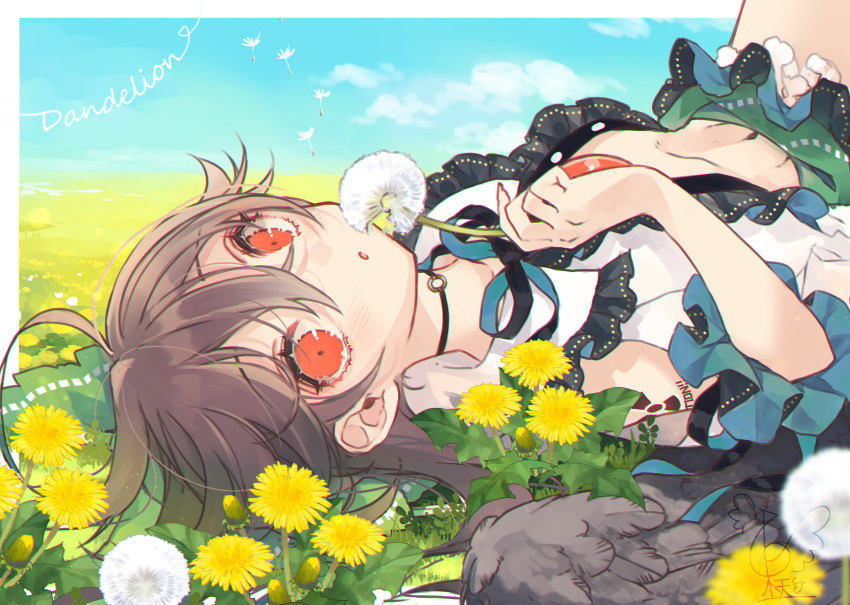 1girl bangs blue_sky bow brown_hair choker clouds dandelion eyebrows_visible_through_hair field flower flower_field green_bow green_skirt hair_between_eyes hair_bow highres holding holding_flower looking_at_viewer lying on_back open_clothes open_mouth outdoors radiation_symbol red_eyes reiuji_utsuho shirt short_sleeves skirt sky solo third_eye touhou toutenkou upper_body white_flower white_shirt yellow_flower