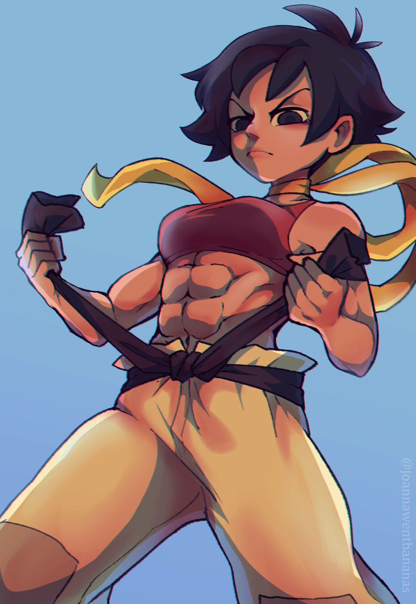 1girl abs absurdres adjusting_belt belt biceps black_belt black_eyes black_hair blue_background breasts choker clenched_hands dougi english_commentary highres joanna_went_bananas karate_gi lips makoto_(street_fighter) medium_breasts muscular muscular_female patches red_sports_bra ribbon ribbon_choker shirtless short_hair solo sports_bra street_fighter street_fighter_iii_(series) tomboy yellow_choker yellow_ribbon