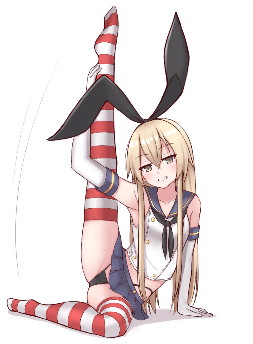 1girl anchor_hair_ornament black_hairband black_neckwear black_panties blonde_hair blue_sailor_collar blue_skirt commentary_request crop_top elbow_gloves flexible full_body gloves grey_eyes grin hair_ornament hairband highleg highleg_panties highres kantai_collection leg_up long_hair looking_at_viewer microskirt miniskirt neckerchief panties sailor_collar shimakaze_(kancolle) simple_background sitting skirt smile solo striped striped_legwear thigh-highs tiemu_(man190) underwear white_background white_gloves yokozuwari