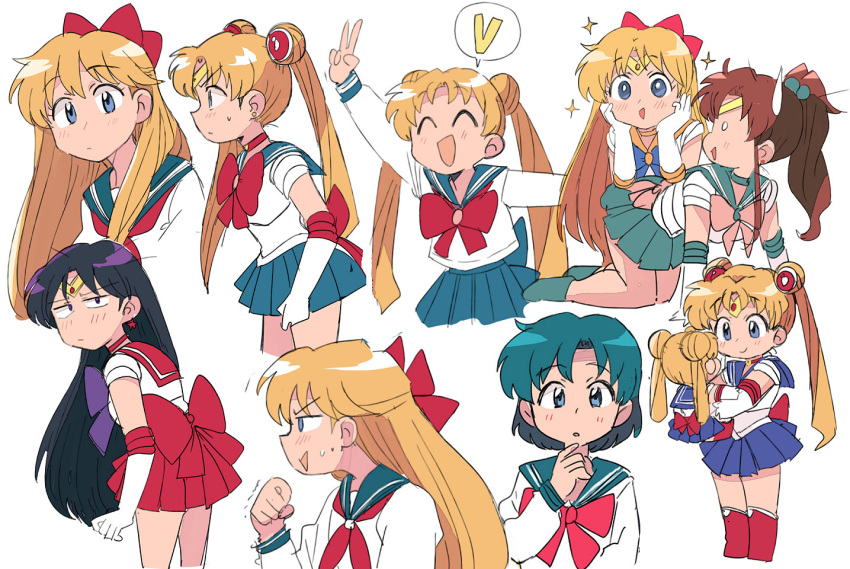 5girls aino_minako annoyed bangs bishoujo_senshi_sailor_moon black_hair blue_eyes blue_hair bow brown_hair chibi clenched_hand collage double_bun elbow_gloves gloves green_skirt hair_behind_ear hino_rei kino_makoto long_hair looking_at_viewer magical_girl mizuno_ami multiple_girls ponytail red_bow red_skirt sailor_collar sailor_jupiter sailor_mars sailor_moon sailor_senshi_uniform school_uniform serafuku short_hair skirt smile speech_bubble tsubobot tsukino_usagi twintails v white_background white_gloves