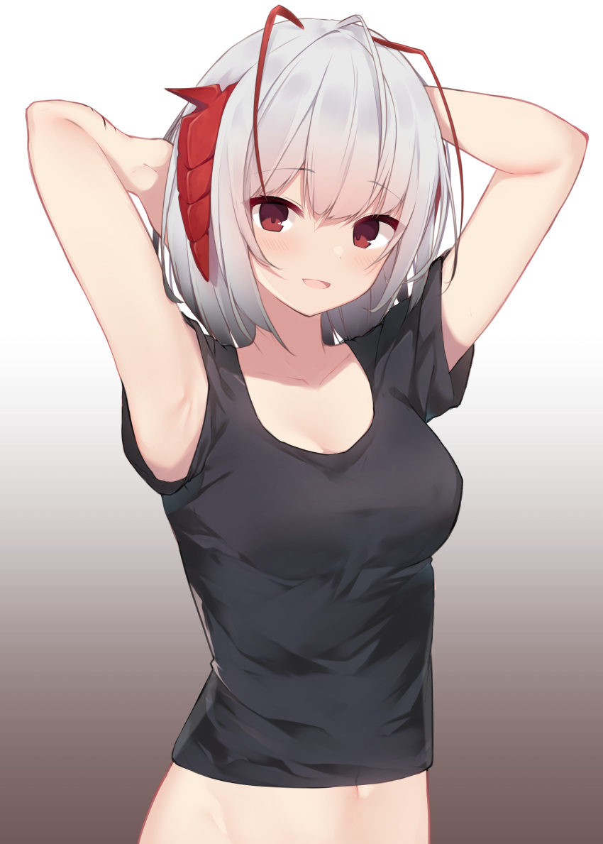 1girl absurdres antennae arknights armpits arms_behind_head arms_up bare_arms black_shirt breasts crop_top gradient gradient_background highres horns looking_at_viewer medium_breasts memekko midriff navel red_eyes shirt short_hair short_sleeves silver_hair solo upper_body w_(arknights) white_background