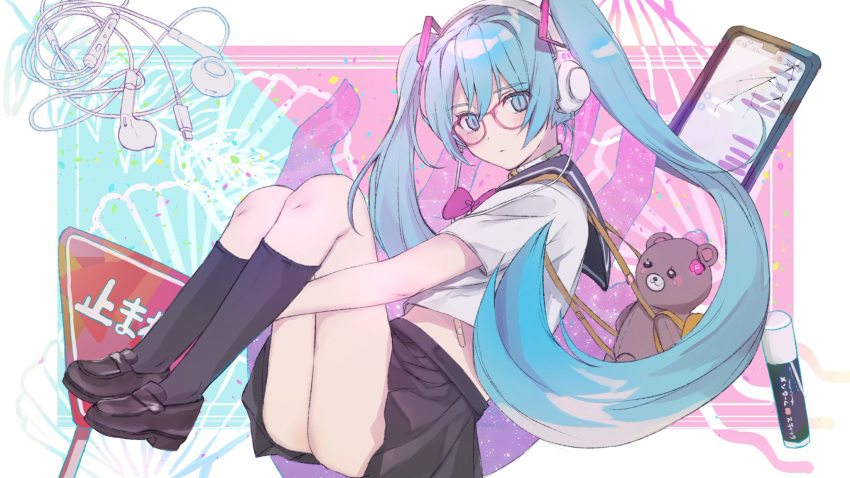 1girl bandaid bangs bell black_footwear black_legwear black_sailor_collar black_skirt blue_eyes blue_hair blush bow cellphone closed_mouth commentary crack earphones earphones eyebrows_visible_through_hair hair_between_eyes hatsune_miku headphones heremia highres jingle_bell kneehighs knees_up leg_hug loafers long_hair looking_at_viewer phone pleated_skirt purple_bow sailor_collar school_uniform serafuku shirt shoes short_sleeves skirt solo stuffed_animal stuffed_toy teddy_bear twintails very_long_hair vocaloid white_shirt