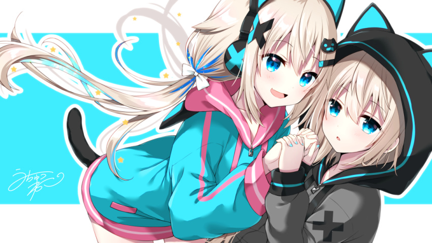 2girls :d animal_ears animal_hood bangs black_jacket blonde_hair blue_eyes blue_hair blue_hoodie blue_nails bow cat_ear_headphones cat_hood cat_tail commentary_request eyebrows_visible_through_hair fake_animal_ears fang hair_between_eyes hair_bow headphones holding_hands hood hood_down hood_up hooded_jacket hoodie jacket long_hair long_sleeves looking_at_viewer multicolored_hair multiple_girls nail_polish open_mouth original puffy_long_sleeves puffy_sleeves smile streaked_hair tail tia-chan uchuuneko uchuuneko_(vtuber) very_long_hair virtual_youtuber white_bow